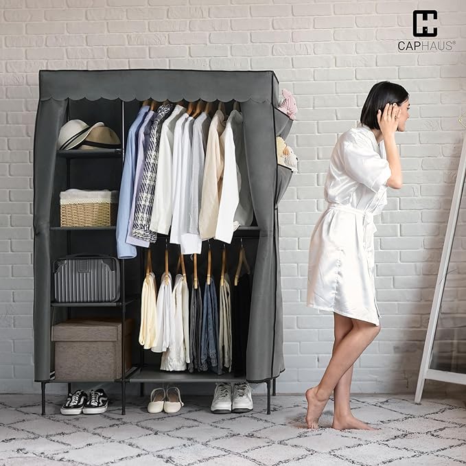 CAPHAUS 44-Inch Clothing Rack with Cover, Portable Closet Wardrobe, Covered Garment Rack for Hanging Clothes, 230LB Capacity Heavy-Duty Metal Frame Clothes Organizer Rack with Storage Shelves