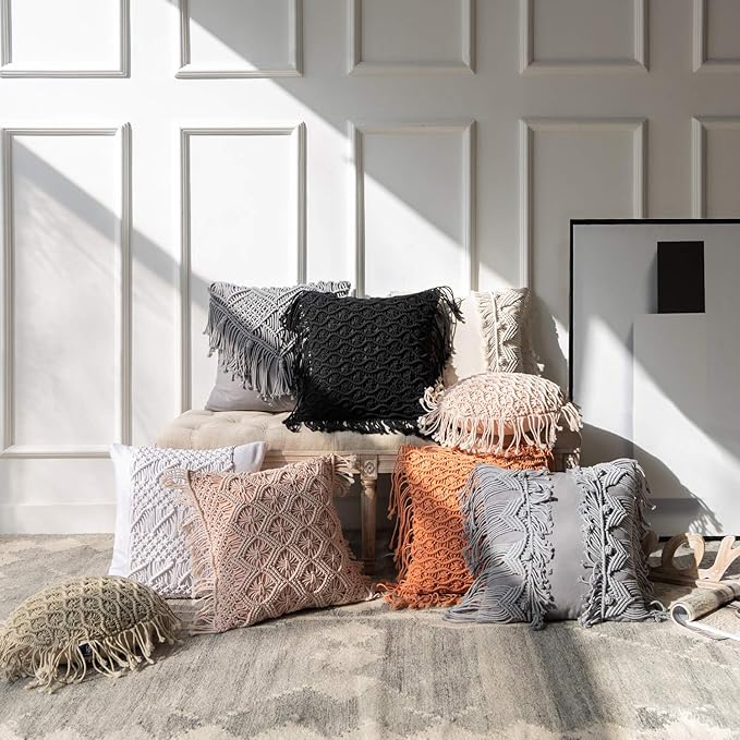 Phantoscope 100% Cotton Handmade Symmetry 3D Crochet Woven Boho Throw Pillow Farmhouse Pillow Insert Included Decorative Cushion for Couch Sofa Grey 18 x 18 inches 45 x 45 cm