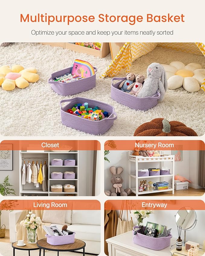 KALLAX Small Woven Basket, 12 x 8 x 4.5 Inches, Small Storage Baskets for Organizing, Gift Baskets Empty, Cute Rope Shelf Closet Storage Bins for Shelves, Dog Toy Basket, Purple