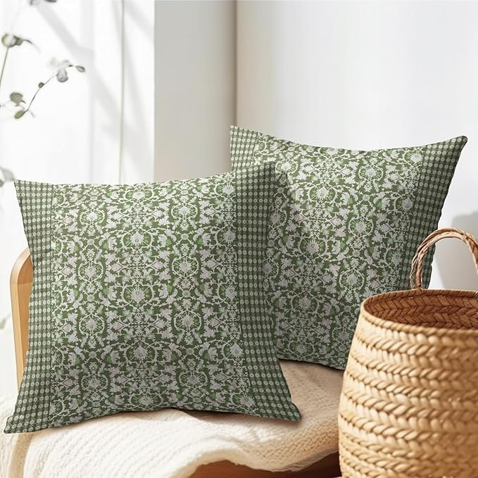 Kawani Green Antique Pillow Covers 16x16 Inch Vintage Floral Block Print Decorative Throw Pillows Set of 2 Retro Turkish Pillowcases for Couch Indoor Outdoor Home Decor