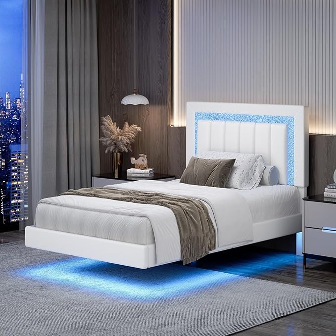 HOMBCK Floating Bed Frame Full with Smart LED Lights, Faux Leather Upholstered Platform Bed with Diamond PU Headboard, No Box Spring Needed, Noise-Free, Easy Assembly, White