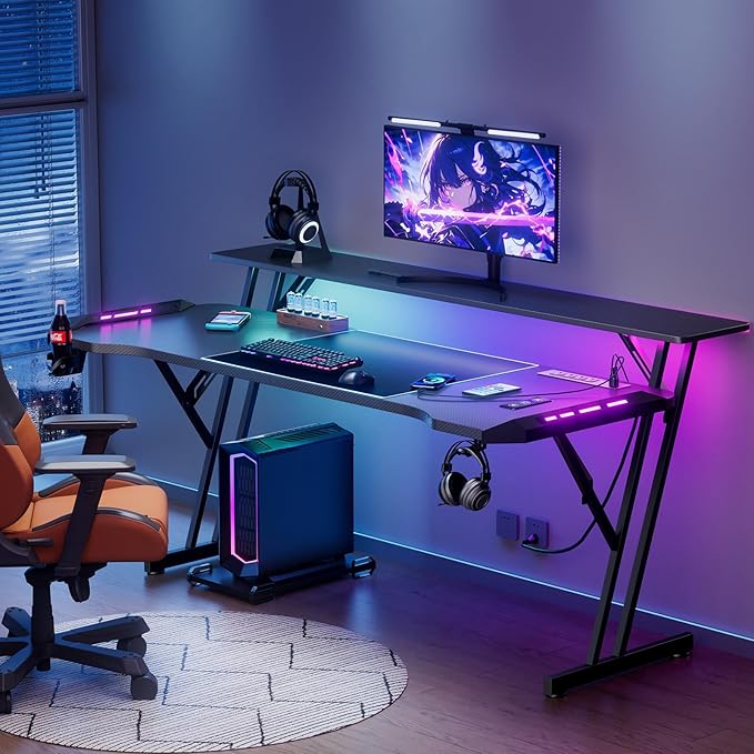 55 Inch Gaming Desk, Smart Computer Gamer Desk with LED Lights & Mouse Pad, Gaming Table with Power Outlet, Monitor Stand, Side Hook, Ergonomic Work Desks for Home Office, Carbon Fiber Black