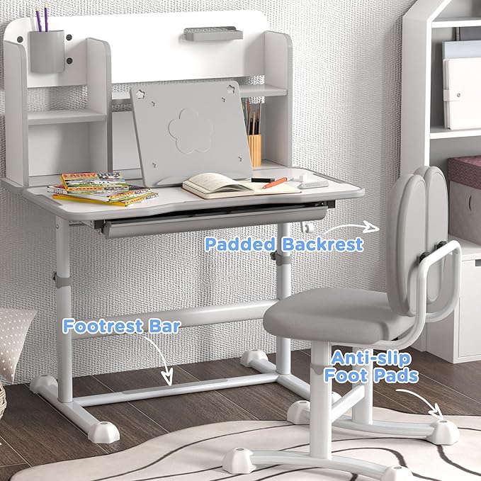 Qaba Kids Desk and Chair Set, Height Adjustable Kids School Study Desk and Chair Set with Tilt Desktop, Storage Drawer and Reading Rack for Writing, Reading and Drawing, Gray