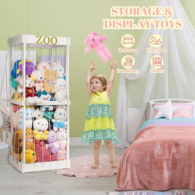 Trycooling Stuffed Animal Zoo Stuffed Animal Storage Wood Plushie Storage Stuffed Animals Zoo Storage Cage with Zoo Pattern Elastic Band for Nursery Play Room Bedroom (White)