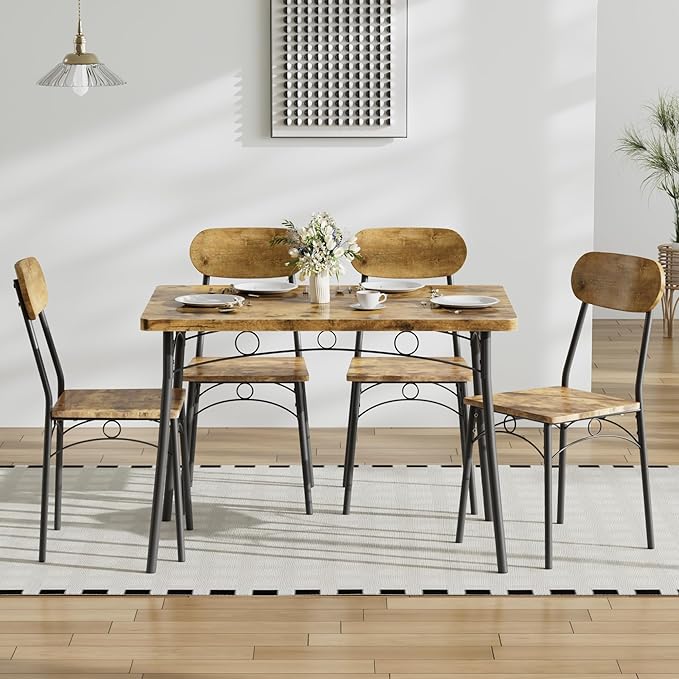 VECELO Dining Table Set for 4, 5-Piece Kitchen Table with 4 Chairs, MDF Board Tabletop with Metal Frame for Small Space, Compact Dinette, Breakfast Nook, Brown