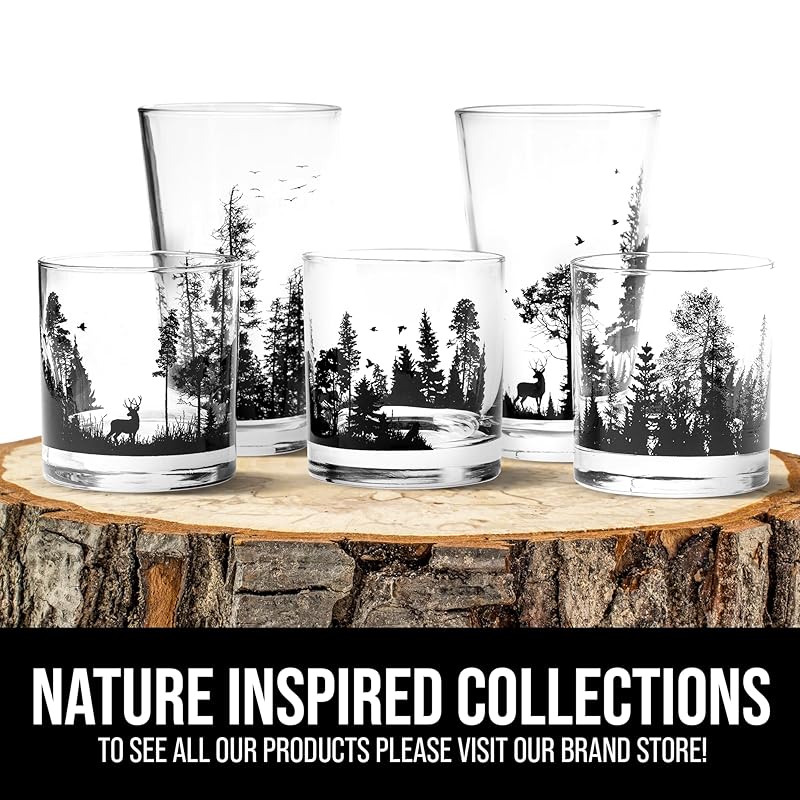 Whiskey Glasses with Hand-Printed Mountain Range - Set of 2 Rock Glasses with Dishwasher-Safe Print - 11oz. Rock Glasses