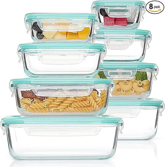 Vtopmart 8 Pack Glass Food Storage Containers with Airtight Lids, Glass Meal Prep Containers, Lunch Office Meal for Microwave, Oven, Freezer and Dishwasher, BPA Free