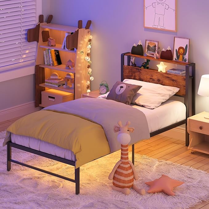 Weehom Twin Bed Frames for Kids, Twin Size Bed with 2 Tiers Wood Shelves Headboard Under Bed Storage Space No Box Spring Needed Heavy Duty Metal Plaform, Brown