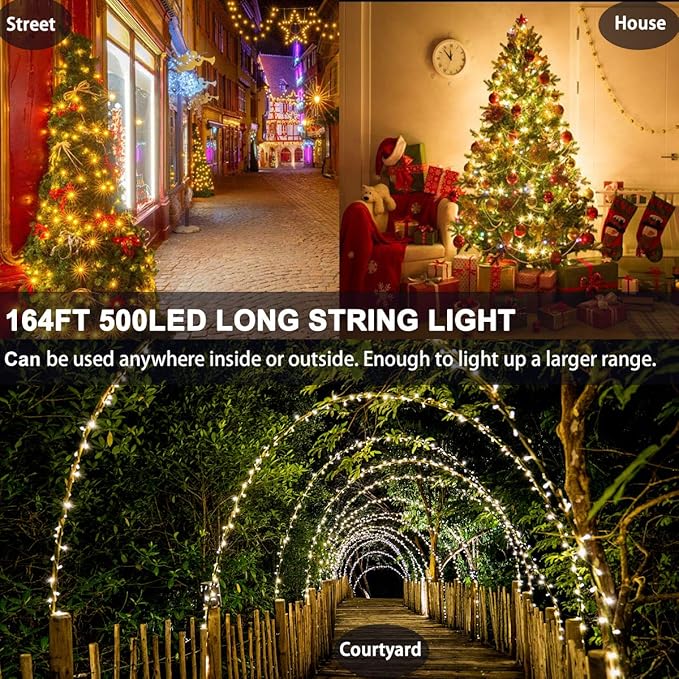 Decute 164FT 500LED Christmas Fairy String Lights Dimmable with Remote Control Copper Wire Starry Lights with UL Cerficated Decorative for Party Wedding Bedroom Christmas Tree Warm White