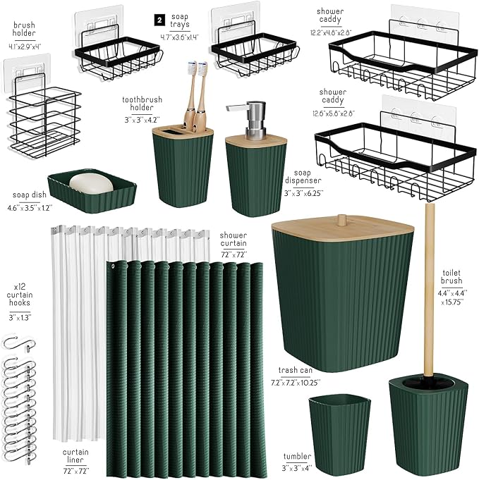 Shower Caddy and Bathroom Accessories Set 25PC Bathroom Accessory Set with Shower Shelf Caddy for Bathroom Storage, Green Shower Curtain Set, Toilet Brush, Trash Can, Soap Dispenser, Toothbrush holder