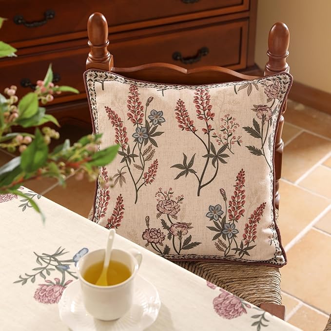 Design Linen Vintage Throw Pillow Covers 18"x18" Pack of 2, Square Cushion Covers with Blue Pink Flowers Green Leaves Pattern Decoration Pillowcases for Bed,Living Room,Outdoor,Car