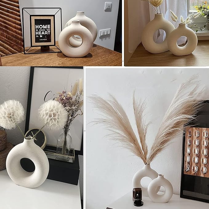 White Ceramic Vases Set 2 for Modern Home Decor,Boho Round Matte Pampas Flower Vases Minimalist Style for Wedding Dinner Living Room Office Coffee Table Decorative