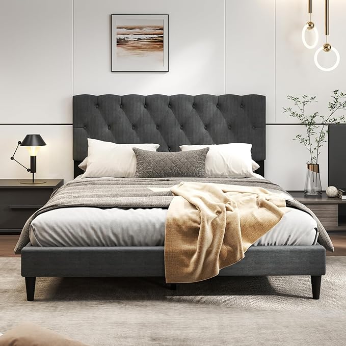 Giantex Queen Platform Bed Frame, Modern Upholstered Bed Frame with Diamond Tufting Headboard, Wooden Slats Support, No Box Spring Needed, Gray