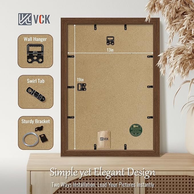 VCK 13x19 Picture Frame Set of 4 - Brown, Gallery-Quality Wood Poster Frames, 1.1-Inch Wide Border, Polished Plexiglass, Vertical or Horizontal Wall Display for Photo/Art/Prints, Brown