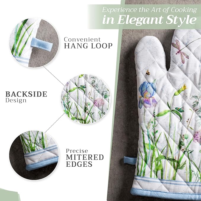 Maison d' Hermine Oven Gloves 100% Cotton Oven Mitt 7" x 13" with Loop Heat Resistant, BBQ, Cooking Gloves, Baking, Grilling, Kitchen, Handling Hot Pans Spring/Summer (Pack of 1, Fleurs De Mai)