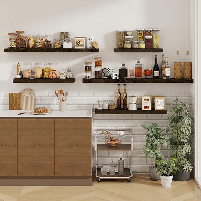 fuqing Floating Shelves for Wall - 24 Inch Wood Wall Shelves Set of 2-24 Inch Wide x 9.3 Inch Deep Natural Floating Wood Shelves with Upgraded Metal Brackets for Room