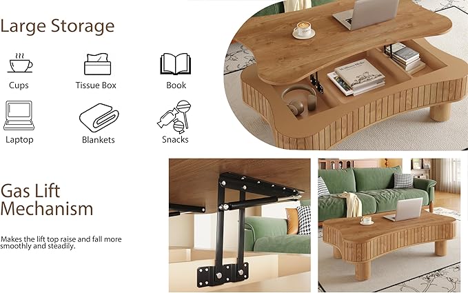 42.5'' Modern Lift Top Coffee Table for Living Room, Solid Wood Center Table, Fluted Panel Design, Storage Compartments, 42.5x27.2 Inch Surface, Hydraulic Lift Mechanism, Easy Assembly (Light Brown)