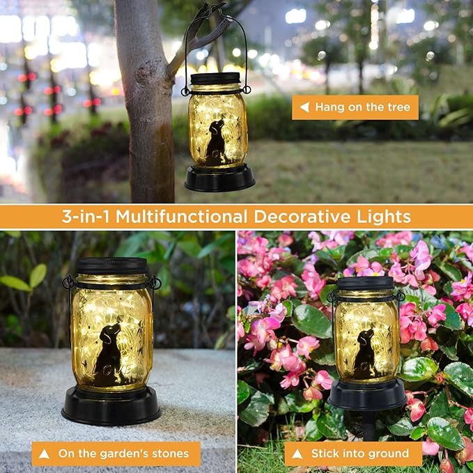 Styleonme Decor Mobile Outdoor Solar Lanterns, Solar Lights Waterproof Dog Lights with Butterfly, Gifts for Women Men Dog Lovers Gifts Hanging Dog Lanterns with Stake for Yard Lawn Garden Decor