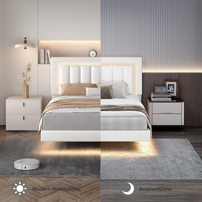 HOMBCK Floating Bed Frame Queen with Smart LED Lights, Faux Leather Upholstered Bed with Diamond PU Headboard, No Box Spring Needed, Noise-Free, Easy Assembly, White