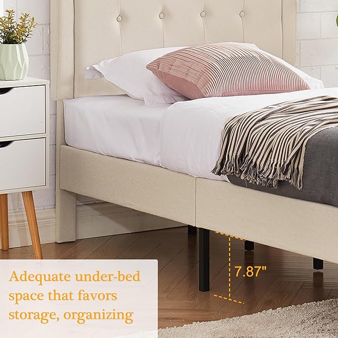VECELO Twin Upholstered Platform Bed Frame with Adjustable Button Stitched Panel Headboard,Strong Wood Slat Support,Velcro Design,Mattress Foundation/Easy Assembly,Beige