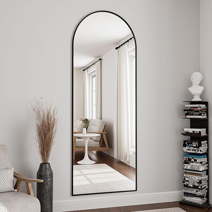 OGCAU Full Length Floor Mirror, Standing Hanging or Leaning Against Wall, Arched-Top Body Mirror for Floor & Wall in Bedroom, Wall-Mounted, Aluminum Alloy Frame (Blcak)