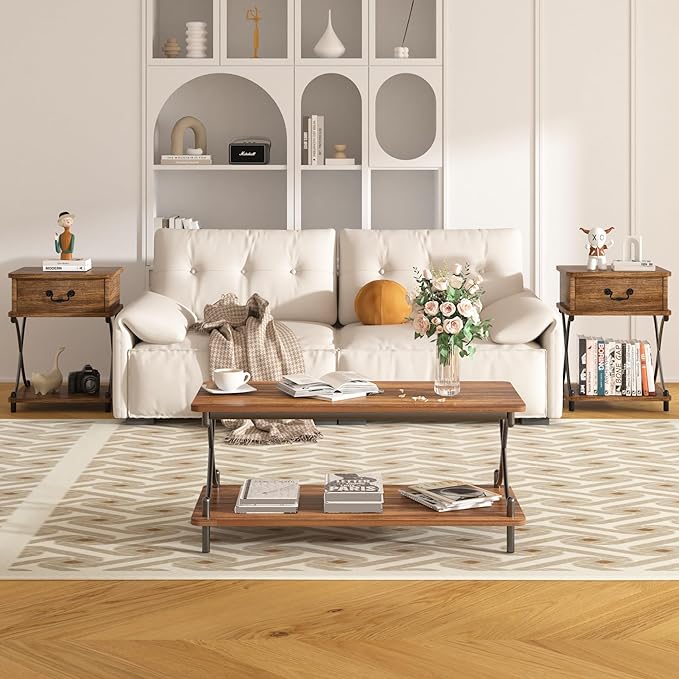 VECELO 39-Inch Coffee Table with Storage and Open Shelves for Living Dining Room, Modern Rectangle & Industrial Design, X-Shape Frame, Brown