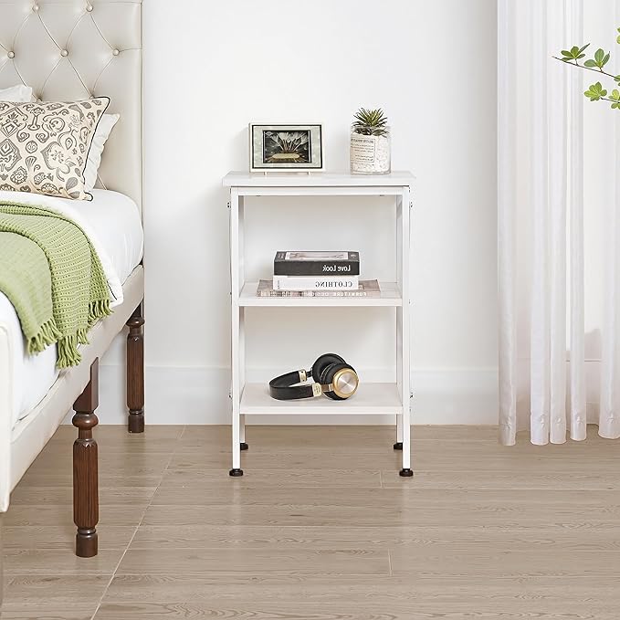 VECELO End Table, Bedside Table, 24" Tall Living Room End Tables, X-Design Reinforced Nightstands, Side Table with 3-Tier Storage Shelves for Small Spaces, Office, Bathroom, Bedroom, Pearl White