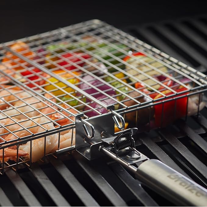 Stainless Steel Large Grill Basket with Removable Handle, Easy Open/Close Lid, Included Silicone Basting Brush & Steel-fiber Scrub Sponge - Perfect for Outdoor Cooking, BBQ, and Camping (12.25 x 9.5 x 1.5 Inches)