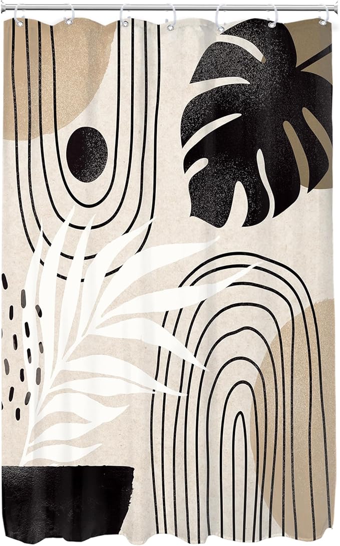 Glawry Boho Mid Century Shower Curtain Narrow Small Stall Abstract Modern Tropical Palm Leaf Minimalist Arch Bathroom Black Brown 48Wx72L Inches Bath Accessories Art Home Decor Fabric 7 Pack Hook