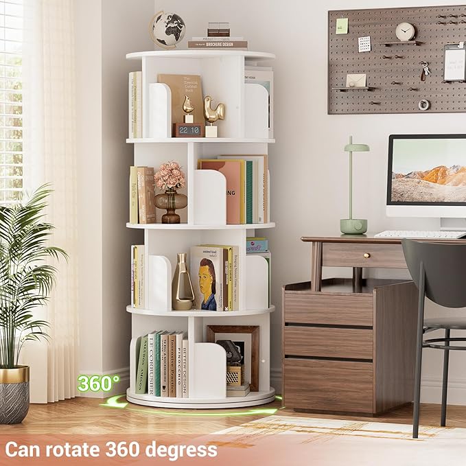 Rotating Bookshelf, Wood Corner Bookshelf, 360 Display Spinning Bookcase Storage Rack, 4 Tier Floor Standing Revolving Bookcase Narrow Book Shelf Organizer for Small Space, Bedroom, White