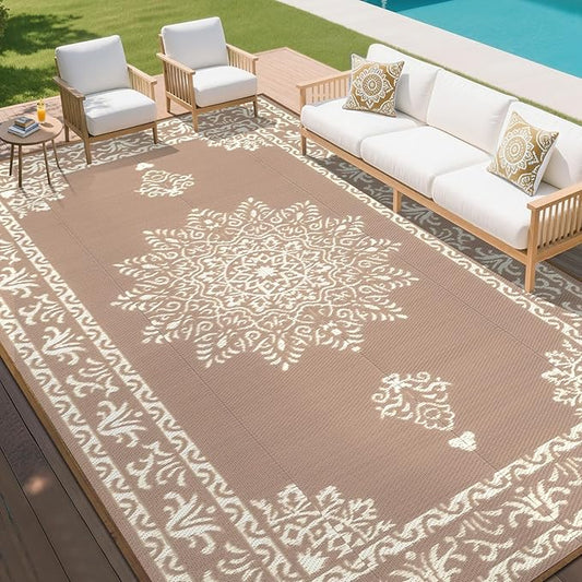 Yamaziot Outdoor Rug 9x12 Ft, Waterproof Plastic Straw Patio Rug, Reversible Backyard Carpet UV Resistant Portable RV Mat Clearance, Large Indoor Outdoor Rug for Patio, Porch, Deck, Balcony, Brown