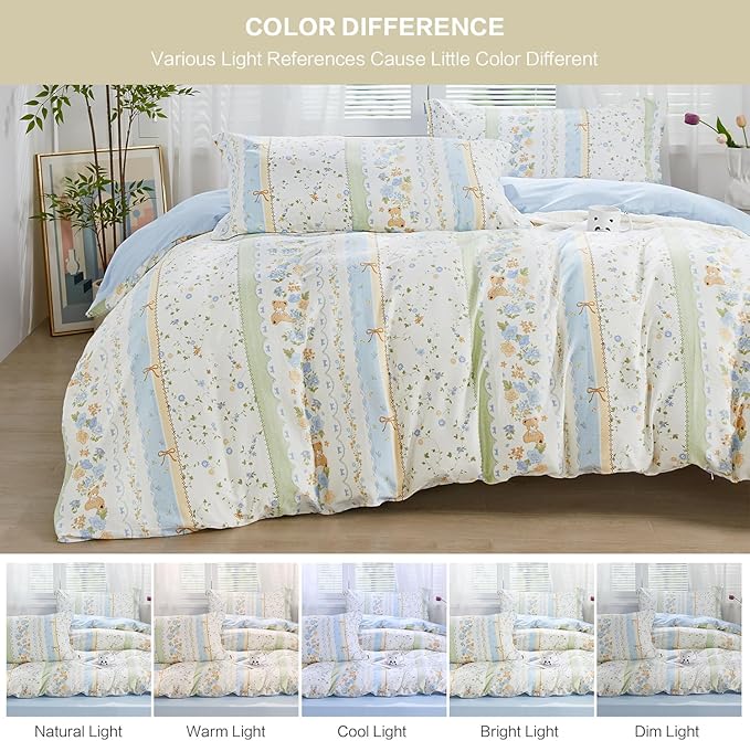 SAPHREAS Duvet Cover Set King Size 3pcs Cute Little Bear Blue Green Floral Bedding Comforter Cover Set 100% Cotton 1 Duvet Cover 104"x90" 2 Pillow Shams, Comforter Not Included
