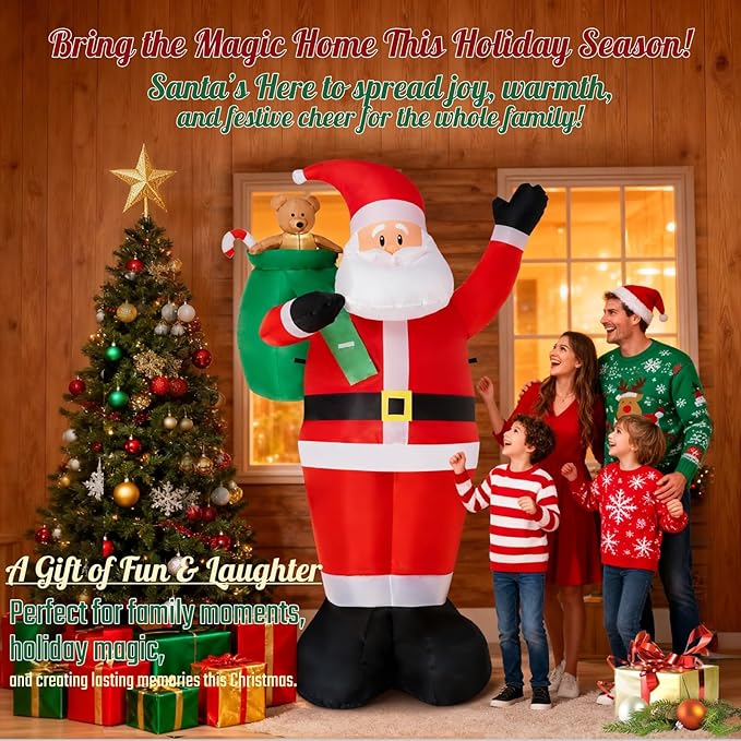 8 FT Christmas Inflatable Santa Claus Outdoor Decorations - LED Lights, Waterproof & Durable Inflatable Xmas Yard Decor for Lawn, Garden, Patio & Outdoor Christmas Inflatables