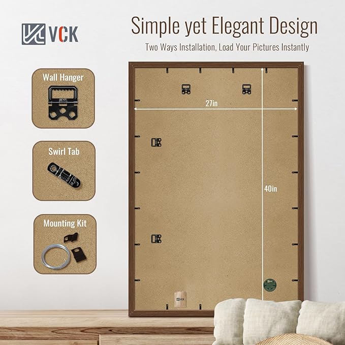 VCK 27x40 Picture Frame Set of 4 - Brown, Gallery-Quality Wood Poster Frames, 1.1-Inch Wide Border, Polished Plexiglass, Vertical or Horizontal Wall Display for Photo/Art/Prints, Brown
