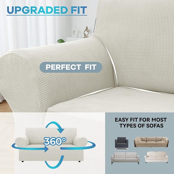 LURKA Stretch Loveseat Sofa Slipcovers 1 Piece Couch Covers for Sofa Furniture Protector Full Sofa Covers with Elastic Bottom for Kids and Dog (Medium, Ivory)