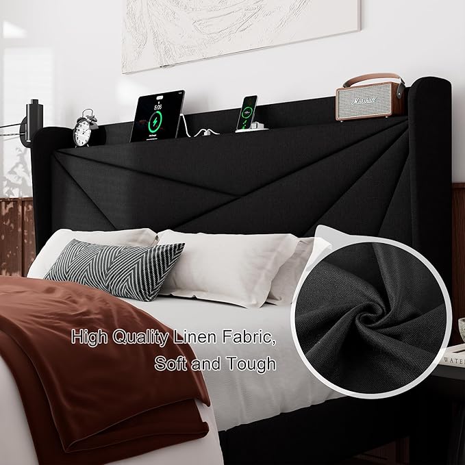 Feonase King Size Bed Frame with Charging Station, Linen Upholstered Platform Bed Frame with Wingback Storage Headboard, Solid Wood Slats Support, No Box Spring Needed, Noise Free, Black