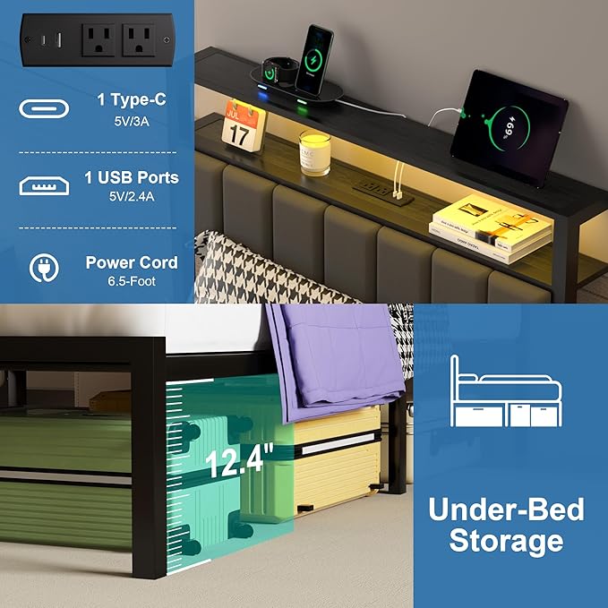 Twin Bed Frames with Charging Station and LED Lights, Twin Size Platform Bed with Metal Slats, Upholstered Headboard with 2-Tier Storage Shelves, No Box Spring Needed, Easy Assembly, Black