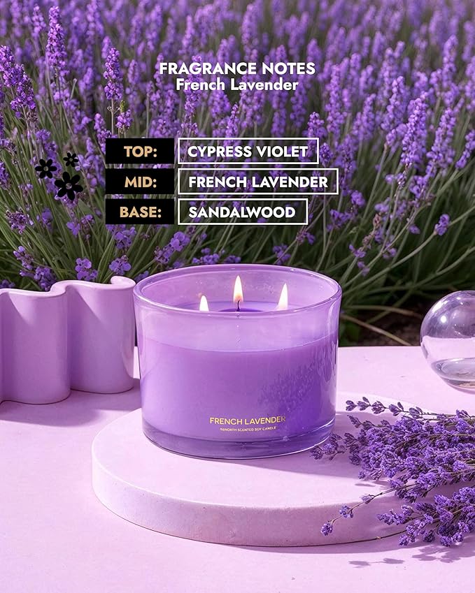 96NORTH Luxury Lavender Soy Candle | Large 3 Wick Jar Candle | Up to 50 Hours Burning Time | 100% Natural Soy Wax | Relaxing Aromatherapy Aesthetic Candle | Housewarming Gift for Women and Men