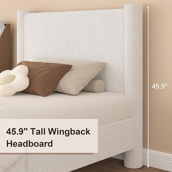 Twin Size Bed Frame, Boucle Upholstered Platform Bed with Headboard and Footboard, Soft Rounded Corners, No Box Spring Required, Easy Assembly, White