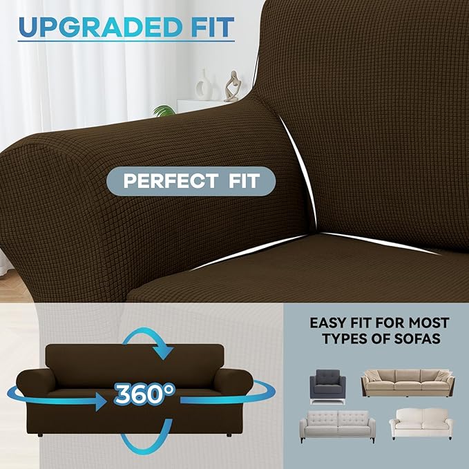 LURKA Stretch Sofa Slipcovers 1 Piece Couch Covers for 3 Cushion Couch Sofa Furniture Protector Full Sofa Covers with Elastic Bottom for Kids and Dog (Brown, Large)