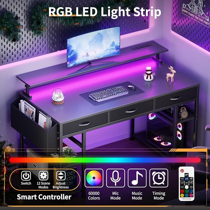 Black Gaming Desk with LED Lights and Power Outlets, 55 Inch Computer Desk with 3 Drawers and Adjustable Monitor Stand, Home Office Desks with Charging Station USB Port, Study Writing Table
