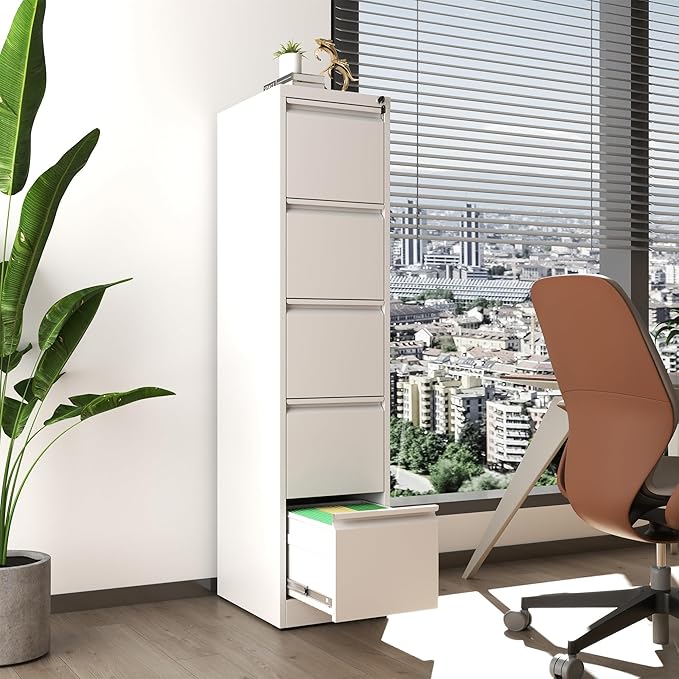 File Cabinet, Vertical File Cabinets with Lock for Home Office,Heavy Duty Office Steel Filing Cabinet for Hanging Letters/Legal/A4, Assembly Required (White, 5 Drawers)