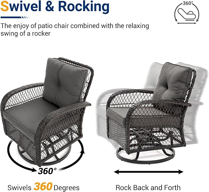 UDPATIO 3 Pieces Patio Furniture Set, Outdoor Swivel Rocker Patio Chairs Set of 2, All-Weather PE Wicker Glider Chairs with Thick Cushions and Glass Coffee Table,for Porch Deck Backyard Grey