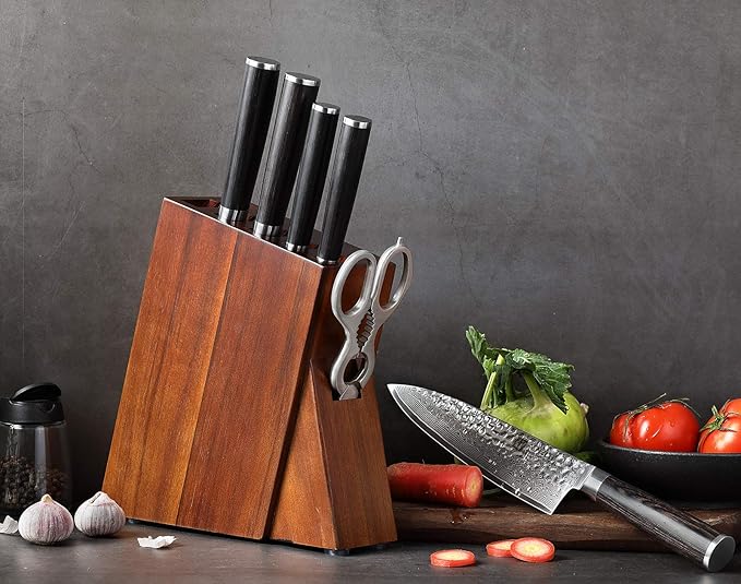 XINZUO 7-Piece Knife Block Set, Super Damascus Steel Kitchen Knife Set with Block,Professional Knife Set for Chefs&Home Cooking,Pakkawood Handle,Chef Gift Box-He Series