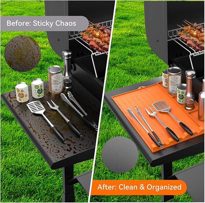 Upgrade Silicone Grill Mat for Blackstone and Most Grills with 3 Separate Storage, Griddle Tools Mat BBQ Grill Accessories, Spatula Holder & Side Shelf Protector for Outdoor Grill and Kitchen Counter