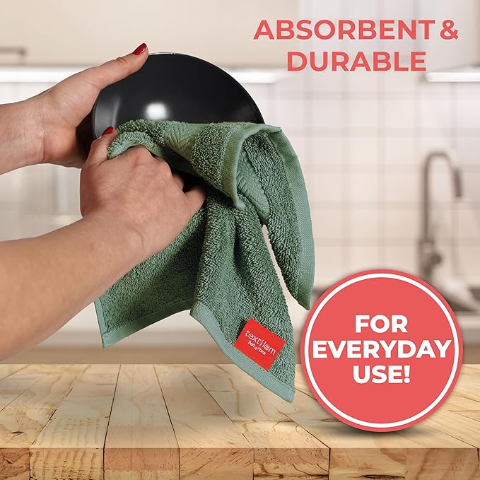 TEXTILOM 100% Turkish Cotton 4 Piece Luxury Washcloth Towel Set for Bathroom & Kitchen, Thick & Super Soft & Highly Absorbent & Quick Dry for Face and Hand- Green