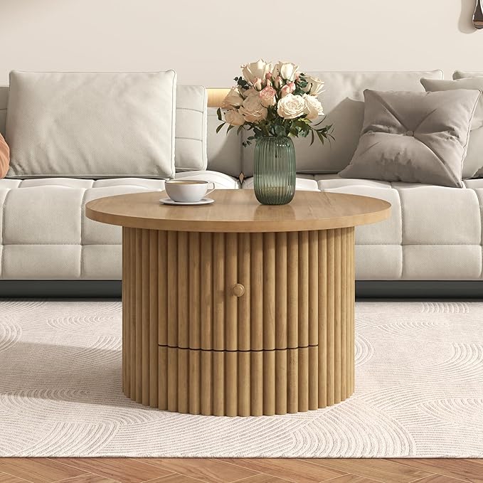 WILLIAMSPACE 30.5" Round Coffee Table with a Drawer, Modern Farmhouse Wood Circle Drum Center Table with Vertical Slat Base, Accent Side End Table for Living Room Apartment, Natural
