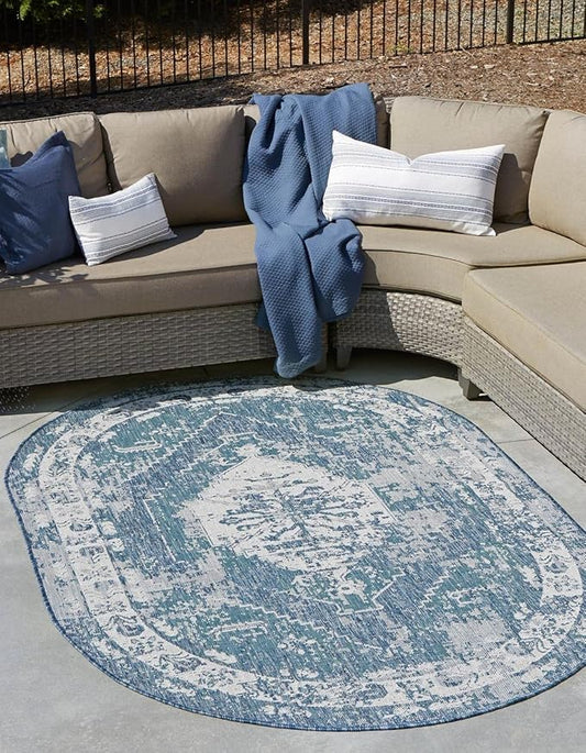 Unique Loom Outdoor Traditional Collection Area Rug - Valeria (5' 3" x 7' 10" Oval, Blue/ Ivory)