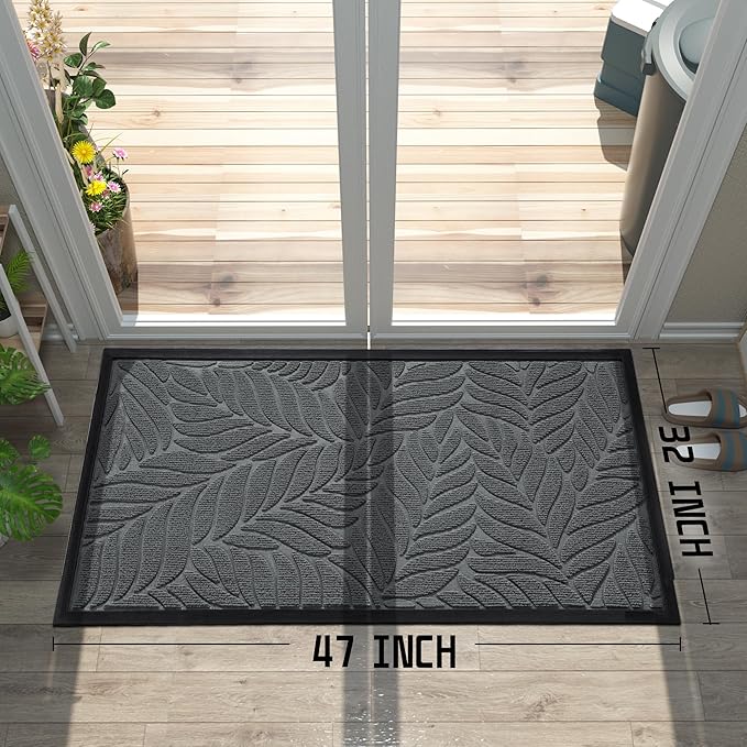 Yimobra Front Door Mat Outdoor Indoor, 47x32 All-Season Waterproof Welcome Matt, All-Weather Outside Entrance Mat, Non-Slip Patio Porch Doormat, Low Profile, Fade Resistant, Grey