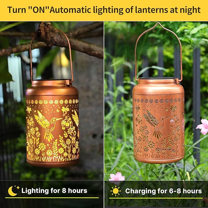Hummingbird Solar Lanterns Outdoor Waterproof,Hummingbird Garden Decor Birthday Gifts for Women Men Mom Hanging Solar Lights Metal Decoration Outside for Yard,Patio,Backyard,Porch,Tabletop